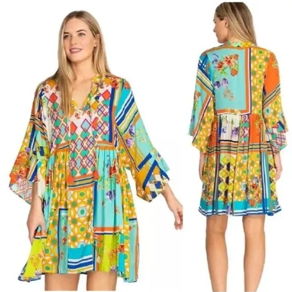Johnny Was Dresses & Skirts - Johnny Was Mixi Short Kaftan Mini Dress Kimono Sleeves Beach Boho Tassels Small